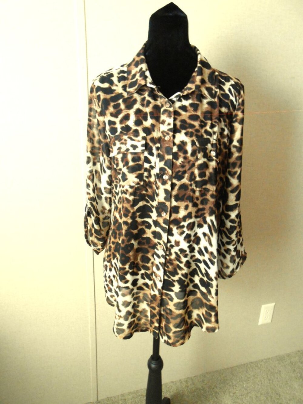 Anne Klein Leopard Print Blouse – Roll Tab Sleeves, Size S